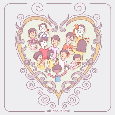 kalpli çerçeve ve karakter, elle çizilmiş, kalp şekli. Sevgililer günü tasarım öğeleri. vektör ve doodle