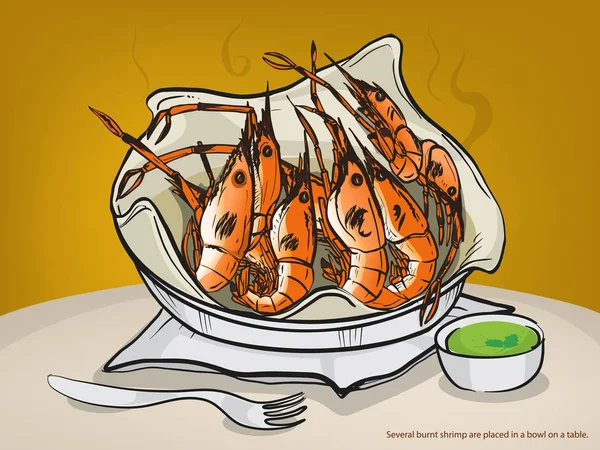 Crevettes Brûlées Vectorielles Sur Table Crevettes Doodle — Image vectorielle