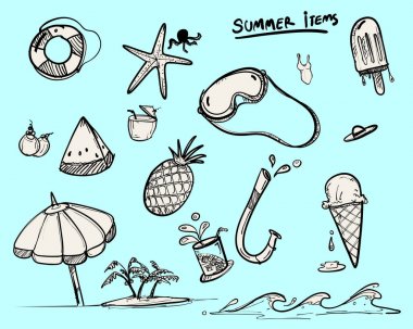 yaz için doodle öğeleri, yaz sembolü için vektör kümesi, doodle tarzı