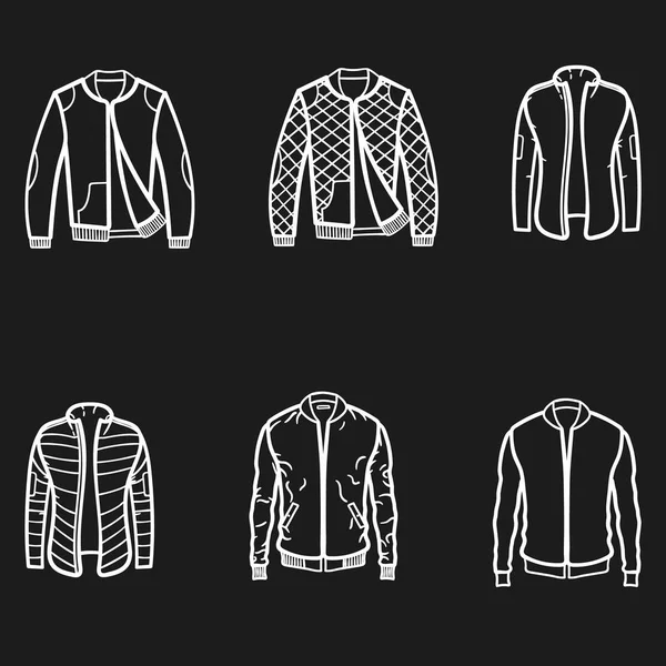 Набор зимней куртки обрисованные иконки на темном фоне — стоковый вектор