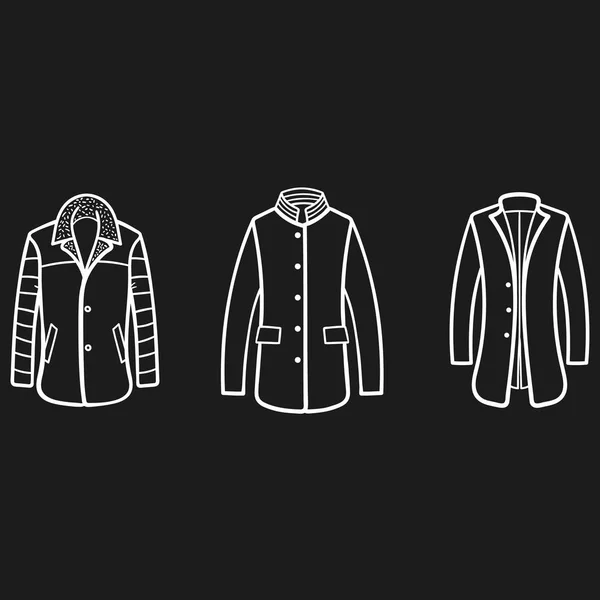 Ensemble de manteaux d'hiver dessinés icônes en fond sombre — Image vectorielle