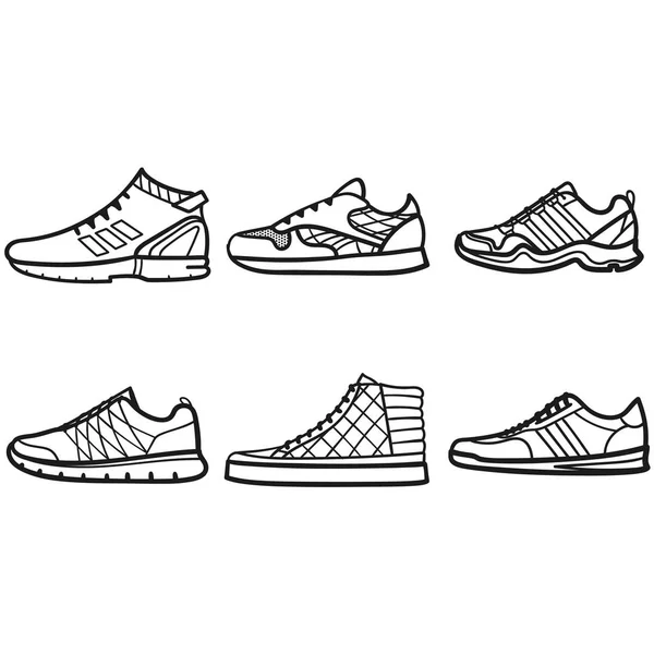 Set Van Mooie Handgetekende Overzicht Pictogrammen Van Een Sneaker Witte — Stockvector