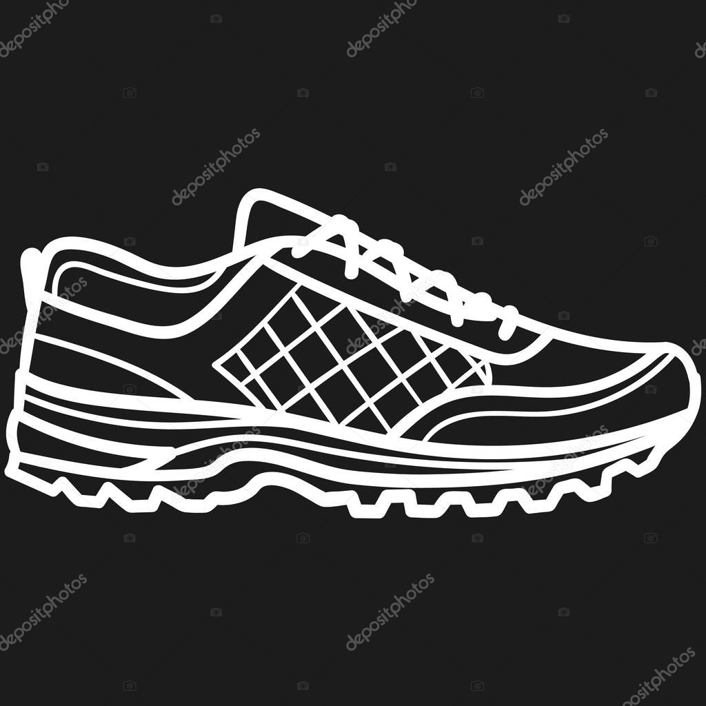 Beautiful hand-drawn outlined icon of a running sneaker in dark background