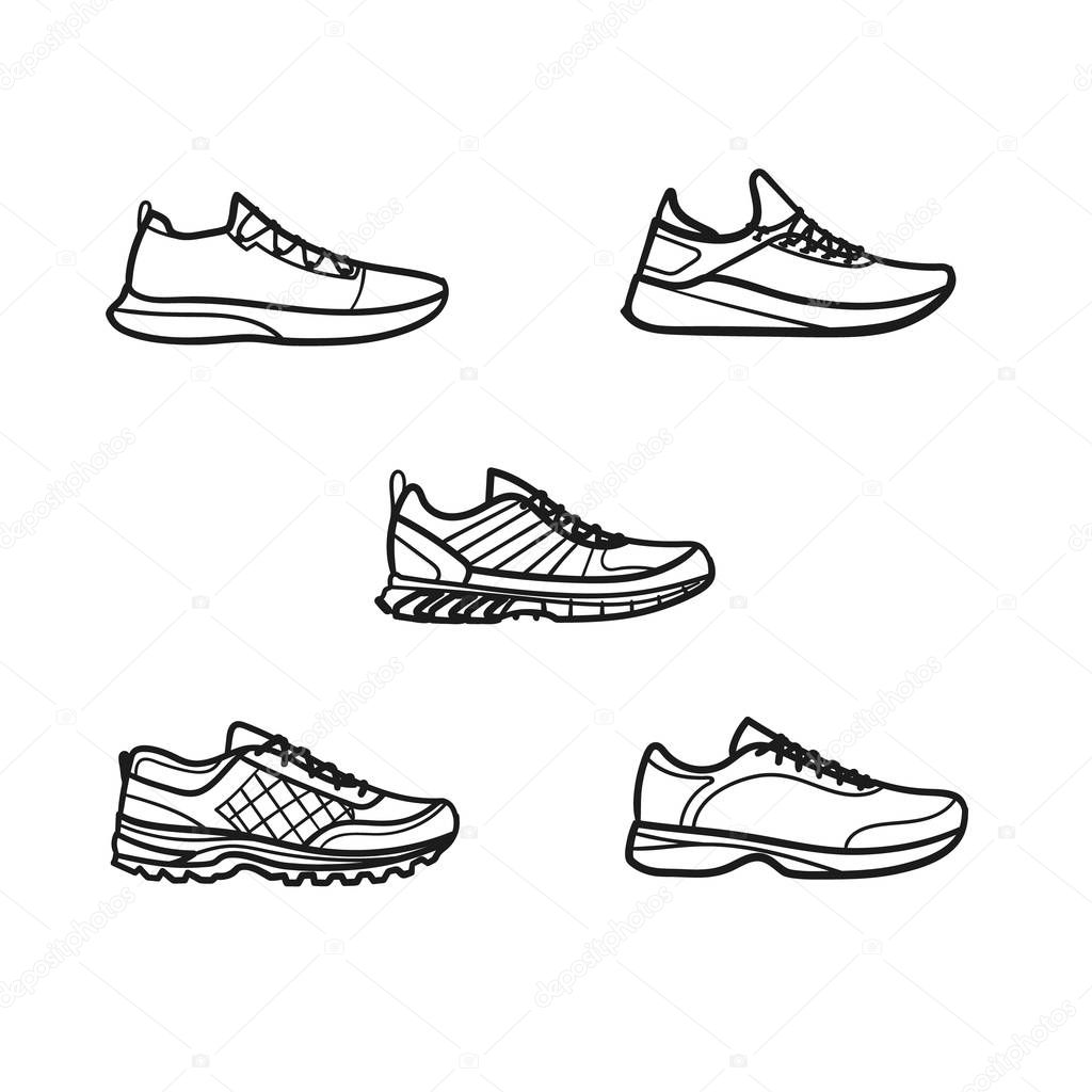 Set of beautiful hand-drawn outlined icons of a running shoes in white background