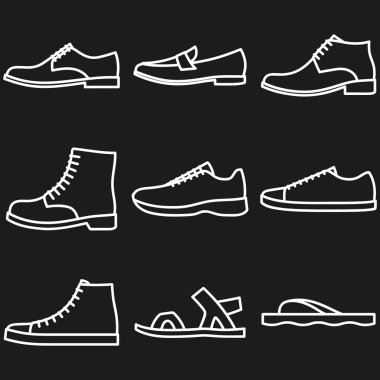 Bir erkek ayakkabı koyu arka planda güzel çizilmiş anahat simgeler kümesi