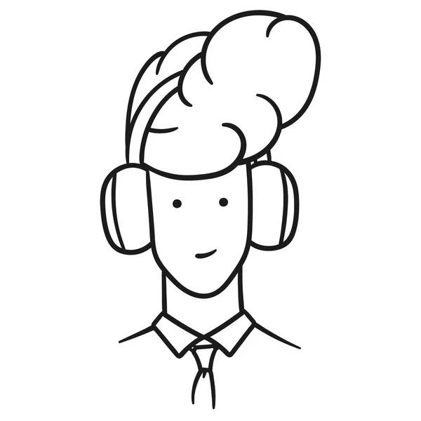 Ilustración vectorial delineada de la cara de un hombre con corte de pelo elegante y auriculares — Vector de stock