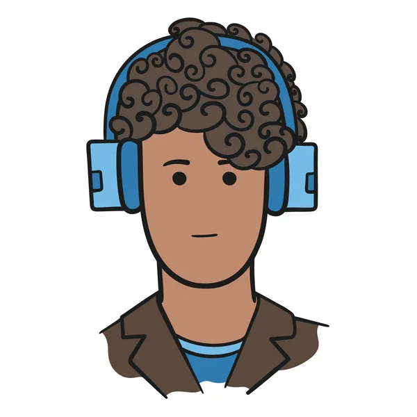 Ilustração vetorial colorida do rosto de um homem com corte de cabelo elegante e fones de ouvido —  Vetores de Stock