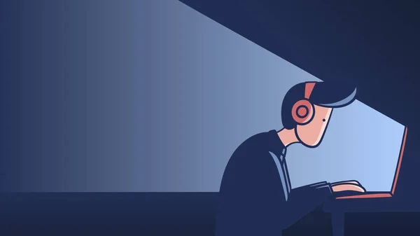 Homem trabalha no computador à noite ilustração vetorial colorido —  Vetores de Stock