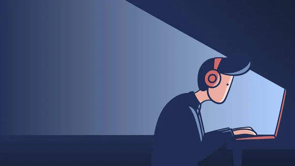 Adam inşaat bilgisayar başında geceleri vektör çizim renkli