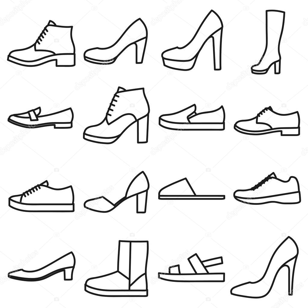 Set of womens shoes outlined icons in white background