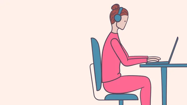 Le donne lavorano al computer in cuffie colorate illustrazione vettoriale — Vettoriale Stock