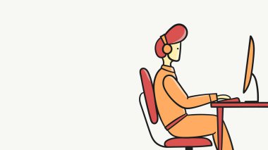 Adam kulaklıklar renkli vektör illüstrasyon bilgisayar çalışıyor