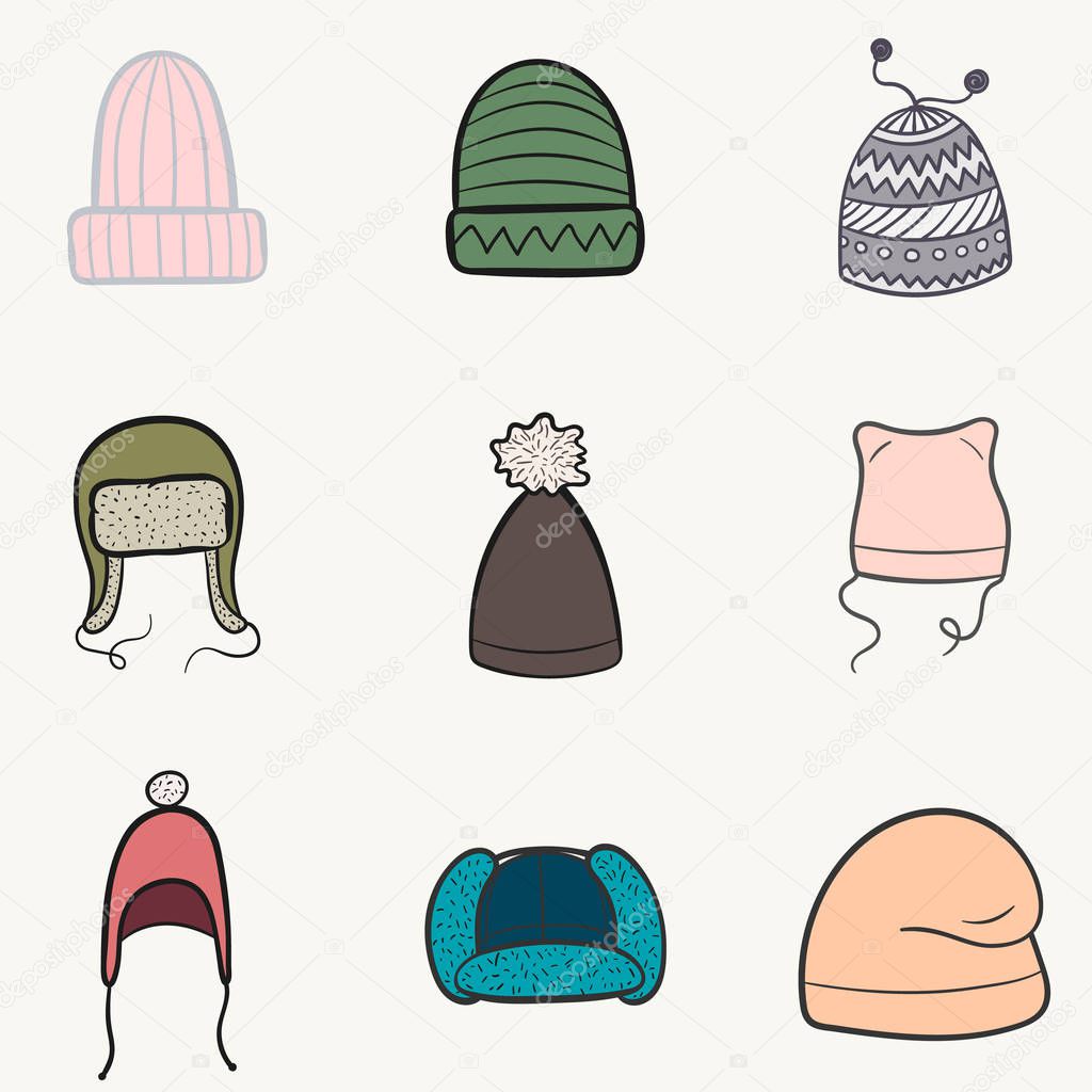 Set of beautiful colored icons of a winter caps
