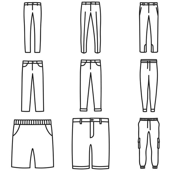 Set of mens pants outlined icons in white background