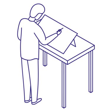 Tasarımcı bir stüdyoda projede çalışır ve bir illüstrasyon çizim