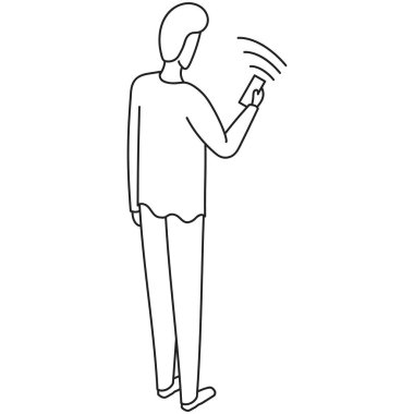 Bir adam ayakta çizilmiş illüstrasyon ve Wifi ile telefonuna bakarak açık
