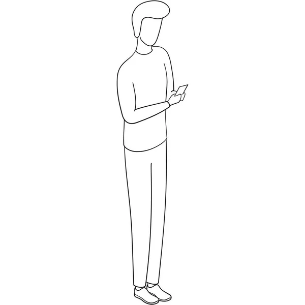 Desenho ilustração de um homem de pé e olhando para o seu telefone —  Vetores de Stock