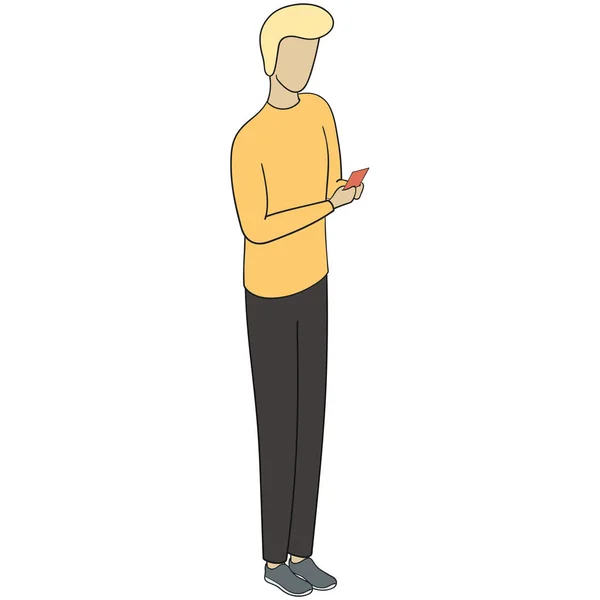 Illustrazione disegnata di un uomo in piedi e guardando il suo telefono — Vettoriale Stock