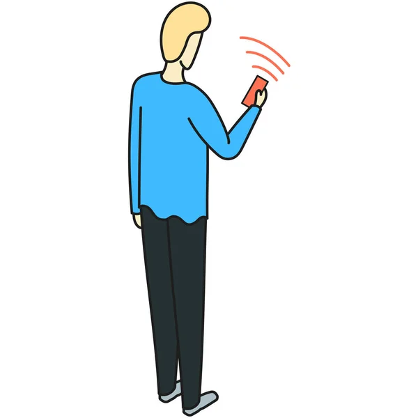 Desenho ilustração de um homem de pé e olhando para o telefone com WiFi ligado — Vetor de Stock