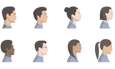 Güzel bir erkek ve kadınların yüzlerinin yan görünümü ile vektör çizimler seti