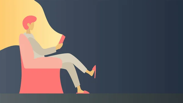 Illustrazione vettoriale di una ragazza seduta su una poltrona di notte e che legge — Vettoriale Stock