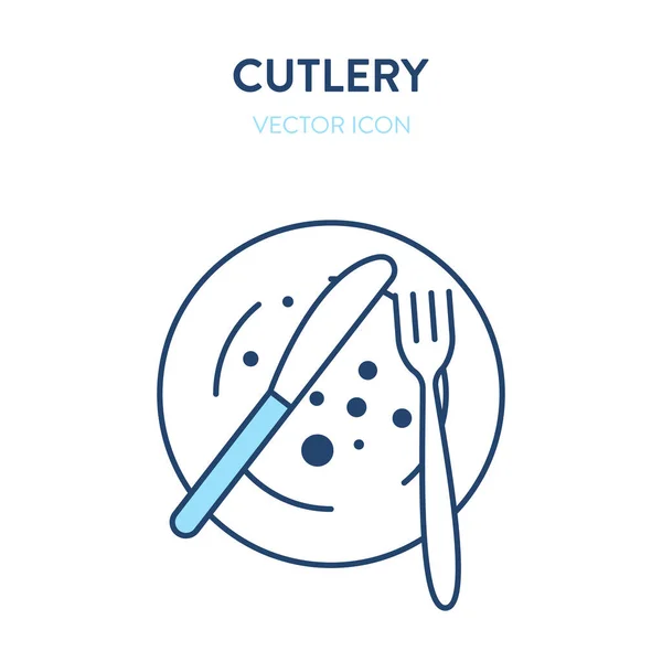 Icône de couverts. Ensemble d'illustrations vectorielles de contour simples de fourchette un couteau sur le fond blanc plateau. Représente un concept de service de nourriture, vaisselle, cuisine, restaurant ou cantine symbole ou logo — Image vectorielle