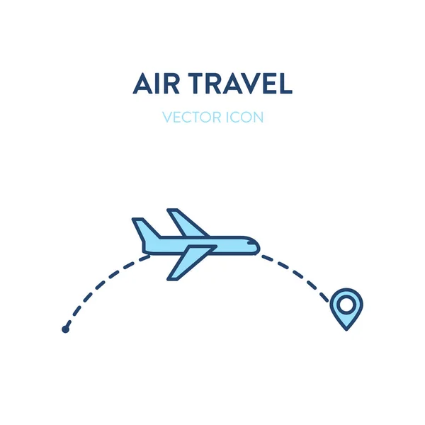 Icono de viaje aéreo. Ilustración del contorno plano vectorial de un avión volador seguido de un trazo de línea punteada hasta el punto de destino. Representa un concepto de vuelos internacionales, viajes aéreos, símbolo de ubicación — Vector de stock