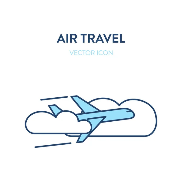 Ícone de avião voador. Desenho plano do vetor ilustração de um avião voando através das nuvens no céu. Representa um conceito de voos internacionais, viagens aéreas, voos comerciais, viagens de negócios —  Vetores de Stock