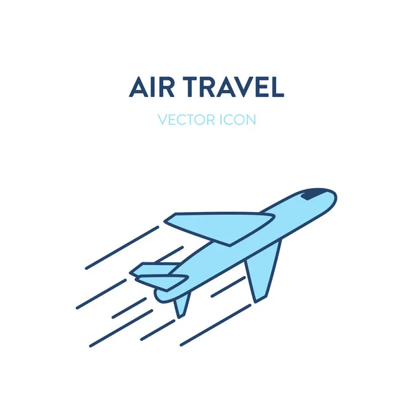 Avião a descolar ícone. Vector ilustração esboço plano de um avião decolar do aeroporto. Representa um conceito de voos internacionais, viagens aéreas, voos comerciais, viagens de negócios — Vetor de Stock