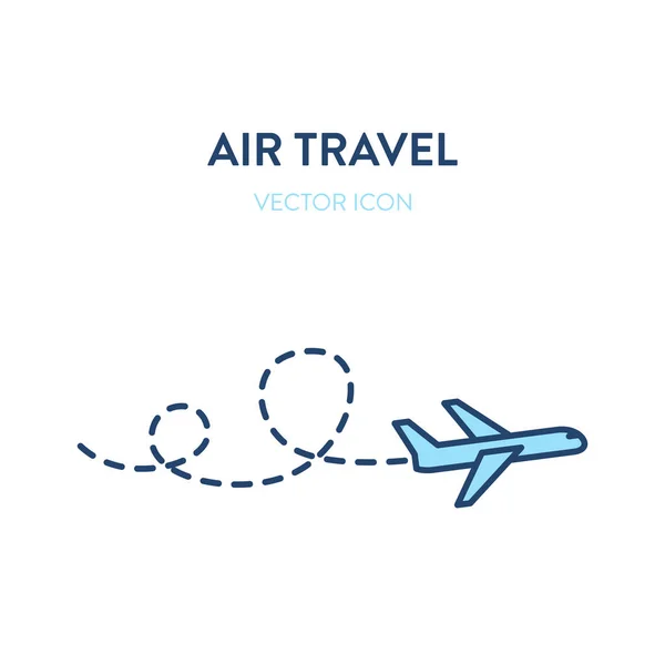 L'icône du vol. Illustration vectorielle de contour plat d'un avion volant suivie d'une ligne pointillée. Représente un concept de vols internationaux, de voyages aériens, de vols commerciaux, de voyages d'affaires — Image vectorielle