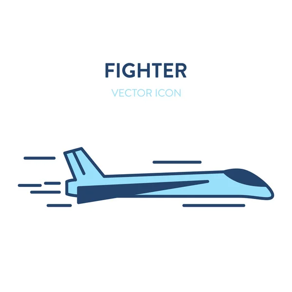 Fighter jet icon. Vector flat outline illustration of a small and fast military jet fighter flying. Represents a concept of modern aicraft, supersonic speed, reactive plane and military aviation — Stock Vector