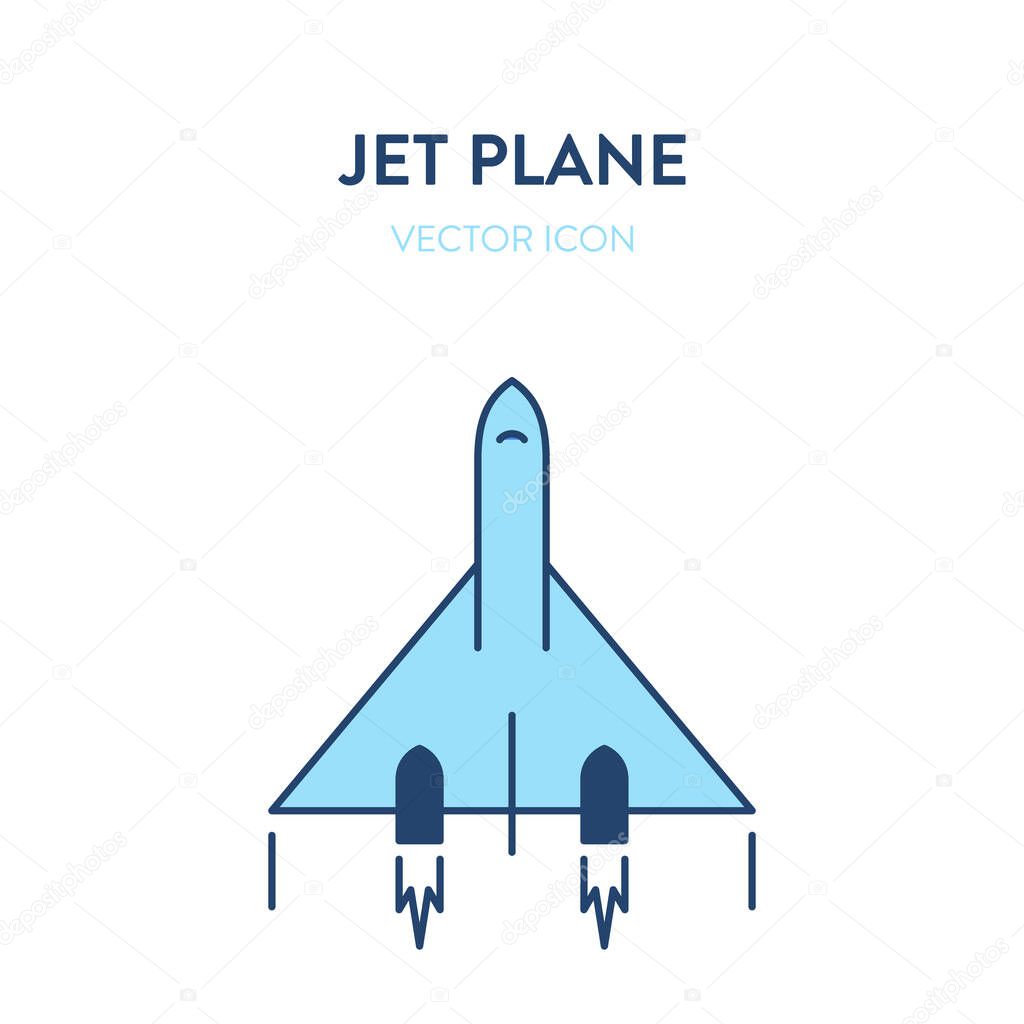 Jet plane icon. Vector flat outline illustration of a small and fast military jet fighter flying. Represents a concept of modern aicraft, supersonic speed, reactive plane and military aviation