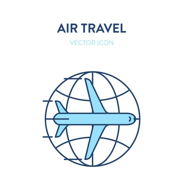 Internationale Flugikone. Vektorflache Umrissdarstellung eines Passagierflugzeugs mit Erdglobus-Symbol im Hintergrund. Stellt ein Konzept für internationale Flüge, Flugreisen, kommerzielle Flüge dar — Stockvektor