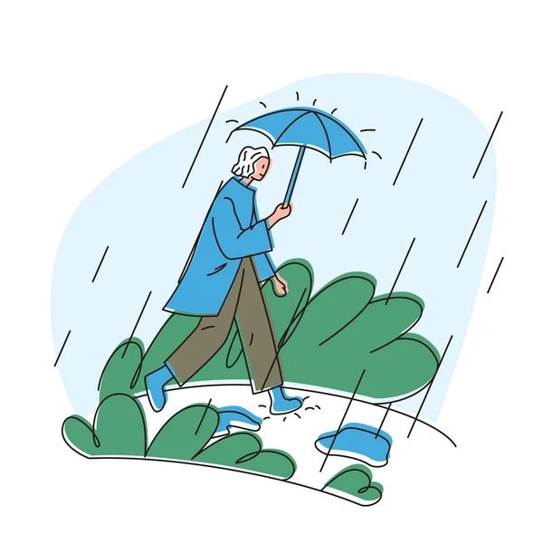 雨の中 傘の下で公園内の道を歩く女性のベクトルカラフルなイラスト 雨の日に傘を持って歩くスタイリッシュな女の子 — ストックベクタ