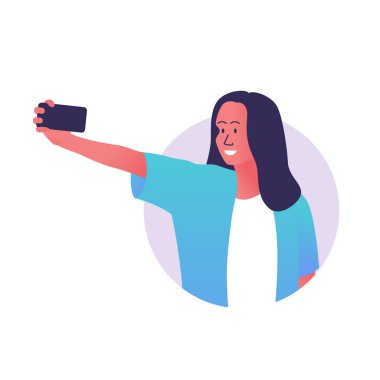 Akıllı telefonuyla selfie çeken bir kızın vektör renkli çizimi. Güzel, şık bir kız telefonuyla selfie çekiyor. Gülümseyen neşeli kadın kendi portresini yapıyor.