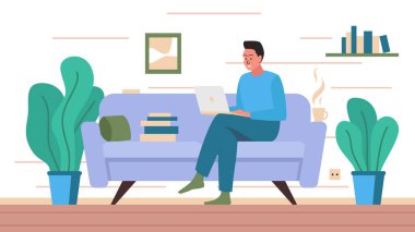 Dizüstü bilgisayarı olan bir adamın odadaki kanepede çalışmasının vektör konsepti. Genç stil sahibi, mutlu, serbest çalışan, rahat bir odada bir fincan kahveyle çalışan biri. Bir ev ofisinin modern illüstrasyonu