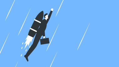 Takım elbiseli bir işadamının arkasında bir roketle uçan bir evrak çantasının vektör çizimi. Takım elbiseli adam roket hızıyla havalanıyor. İş büyümesi ve başarı kavramını temsil eder