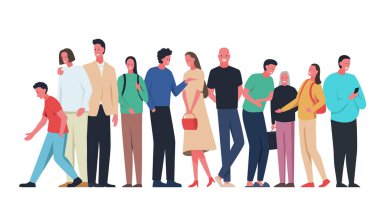 Düz vektör çizimi yapan farklı insanlardan oluşan bir grup. Erkekler, kadınlar ve çocuklar parlak ve şık kıyafetler giyip gülen yüzler takınıyorlar. Birlik ve iletişim kavramını temsil eder