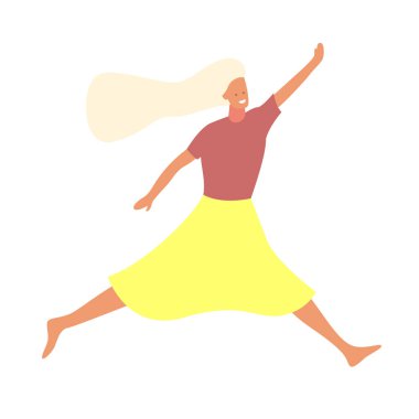 Gülümseyen düz vektör çizimi ile atlayan genç ve güzel bir kız. Kız eğleniyor, dans ediyor ve elleri havada zıplıyor. Mutlu gülümseyen stil sahibi sarışın kız dans ediyor ve havaya zıplıyor.