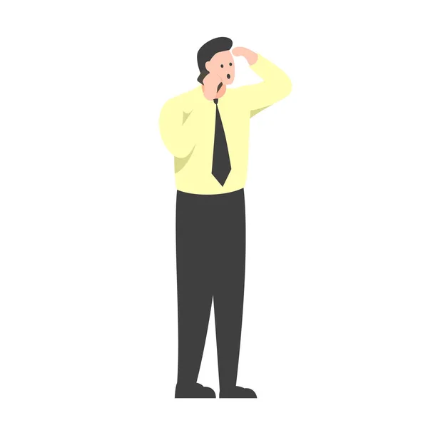 Illustrazione vettoriale di un impiegato in piedi e che parla al telefono. Uomo in camicia gialla e cravatta parlare al telefono con faccia sorpresa e mano vicino alla testa. Uomo che riceve notizie inaspettate — Vettoriale Stock