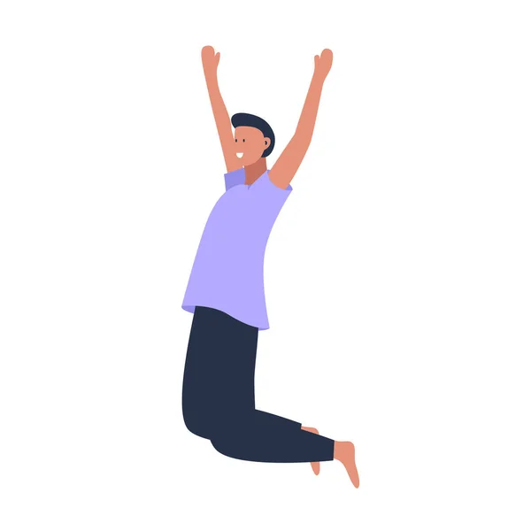 Jovem feliz bonito homem pulando ilustração vetorial plana. Homem se divertindo, dançando e pulando com as mãos no ar. Feliz sorrindo menino elegante realizando dança e saltar no ar — Vetor de Stock