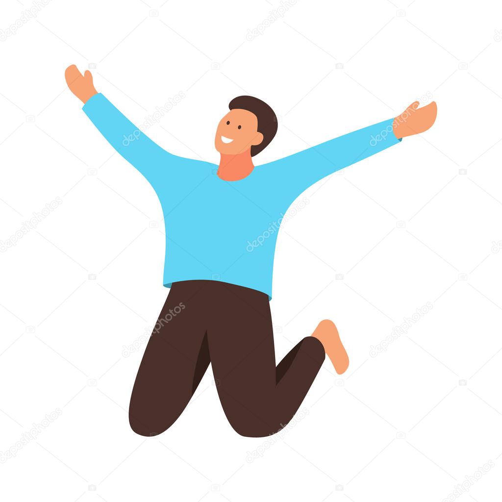 Happy young beautiful man jumping flat vector illustration. Man having fun, dancing and jumping with hands up in the air. Happy smiling stylish boy performing dance and jump in the air