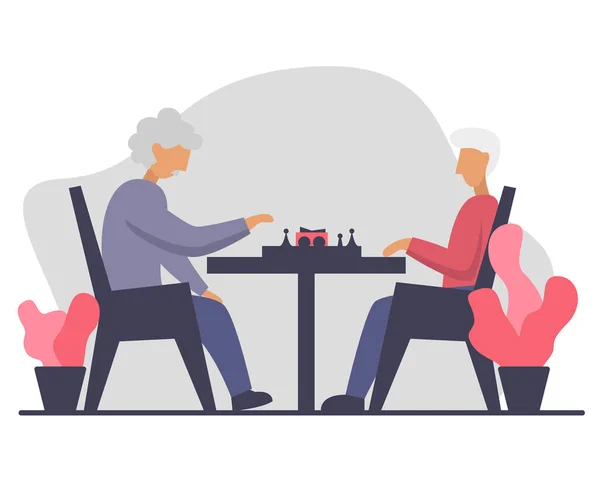 Dwóch starszych mężczyzn grających w szachy przy stole. Ilustracja wektora domu opieki. Działalność w pomieszczeniach, gry planszowe i rozrywka dla seniorów w społeczności emerytów — Wektor stockowy