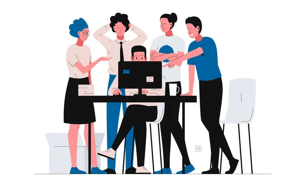 Takım çalışması ofis konsepti renkli çizimler. Ofisteki bir grup insan masanın yanında toplandı, bilgisayar ekranına baktılar ve projenin detaylarını tartıştılar. Bilgisayarda çalışan tasarımcı