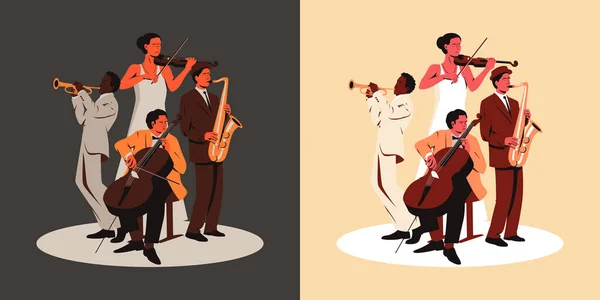 Sahnede çok ırklı müzik grupları çalıyor. Sahnede çalan trompet, keman, saksafon ve çello enstrümanlarıyla dört müzisyenin renkli temsili. Bir grup kadın ve üç erkek