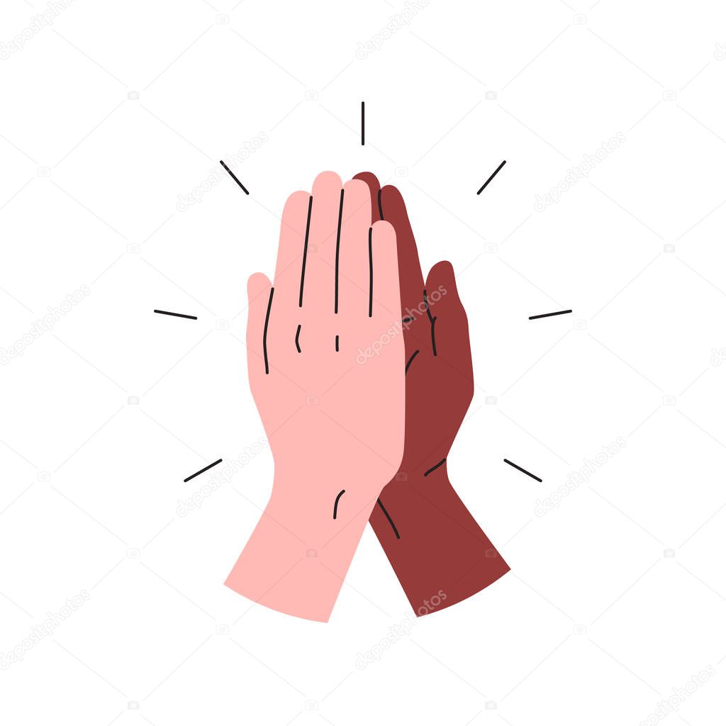 High five icon. Vector colorful illustration of two hands giving a high five for great work. Black and white interracial hands giving high five. People team give hand slapping gesture