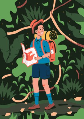 Ormandaki yolda bir çocuk. Sırt çantası ve elinde haritayla ormanda bir patika boyunca yürüyen şapkalı mutlu bir çocuğun renkli bir temsili. Turizm ve macera ruhu.