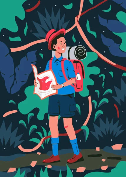 Мальчик Тропе Лесу Векторная Красочная Иллюстрация Счастливого Улыбающегося Мальчика Шляпе — стоковый вектор
