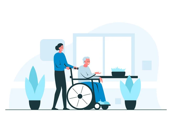 Infirmière poussant un vieil homme en fauteuil roulant. Illustration vectorielle de concept de jeune infirmière souriante aidant heureux homme âgé dans un fauteuil roulant dans un intérieur confortable avec des plantes et des pots de fleurs — Image vectorielle