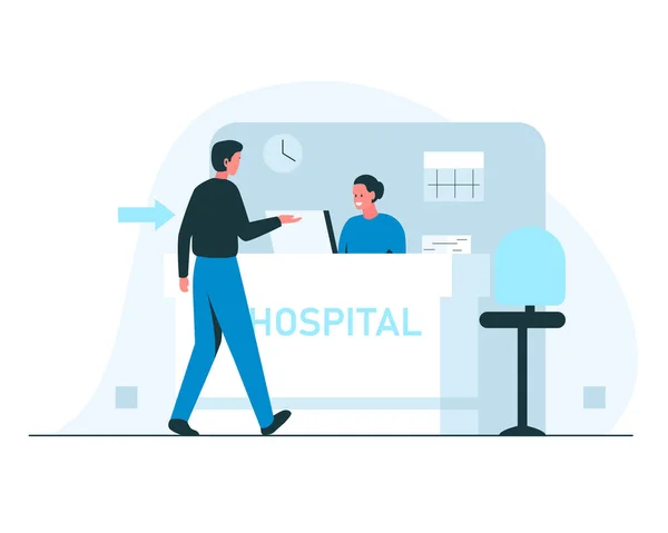 Ilustración del concepto de recepción hospitalaria. Ilustración vectorial de un hombre caminando a una recepción del hospital donde es recibido por una joven sonriente. El hombre hace una pregunta a la oficina de registros del hospital — Archivo Imágenes Vectoriales